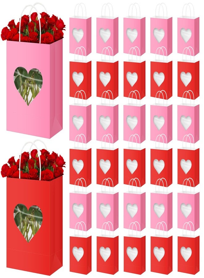 Gilprop 48 Pcs Valentine Gift Bags Bulk, Paper Treat Bag with Handles, Heart Clear Window, Red Pink Party Favor Packaging for Candy, Cookies, Small Gifts (Red Pink) - Image 1